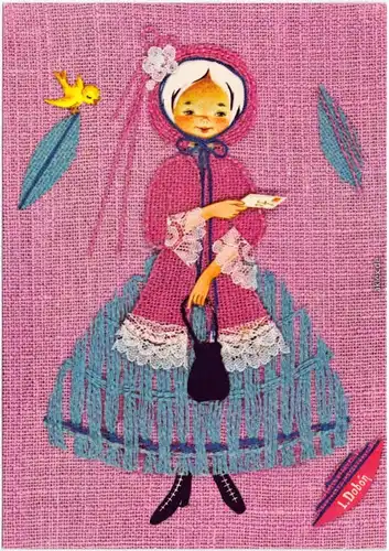  L. Dobon Mädchen - rosa Mäntelchen, Tasche, Brief, Vogel (gewebt) 1980