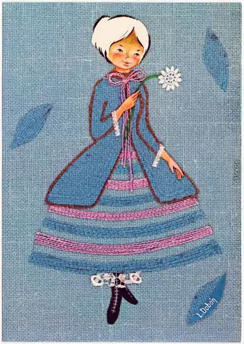  L. Dobon Mädchen - Blume in Hand (aus Stoff gewebt) 1980