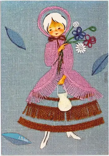  L. Dobon Mädchen - rosa Mantel, Blumen und Tasche in Hand 1980