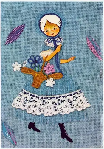 L. Dobon Mädchen - Blumenkorb am Arm  Schmuck Künstlerkarte 1980