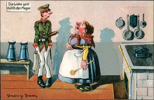 Künstlerkarte Scherzkarte Donadoni Dresden Liebe geht durch den Magen 1911