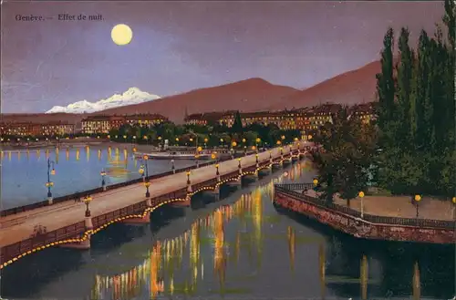 Genf Genève Effet de nuit/Panorama Blick mit See bei Mondschein 1920