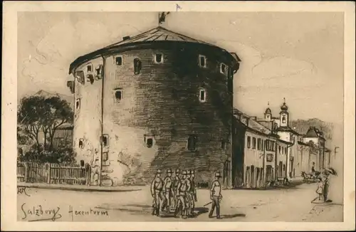 Salzburg Künstlerkarte Zeichnung vom Hexenturm und Personen 1920
