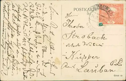 Postcard Braunau Broumov Stadtpartie, Fabrik 1919