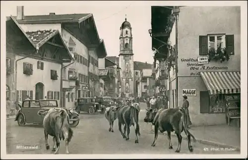 Ansichtskarte Mittenwald Straße, Autos - Kühe 1938