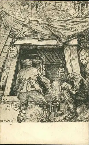 Ansichtskarte  WK1 Künstlerkarte Militär Eingang zum Dachsbau 1916