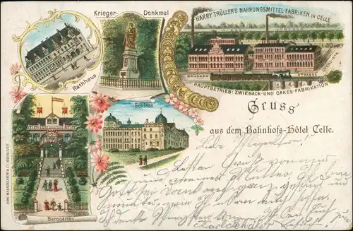 Ansichtskarte Litho AK Celle Bahnhofs-Hotel, Nahrungsmittelfabriken 1901