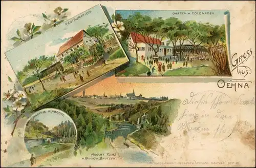 Oehna Wownjow Lithographie - Gruss aus Garten mit Colonaden, Partie am Abgott, Abgott Flinz 1898/1901