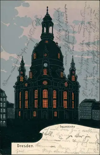 Innere Altstadt-Dresden Frauenkirche bei Nacht - Künstlerkarte 1906 Silber-Effekt