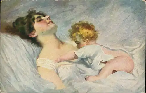 Wach auf Mama - Kind und Frau Künstlerkarte: Gemälde / Kunstwerke 1911