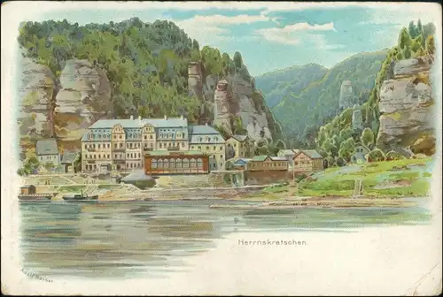 Postcard Herrnskretschen Hřensko Gasthaus Werbung Fabrik Dresden 1900