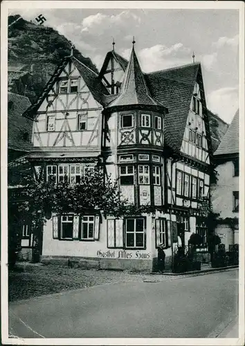 Ansichtskarte Bacharach Hakenkreuz auf Berg Gasthof "Altes Haus" 1938