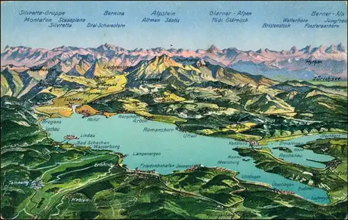 Lindau (Bodensee) Panorama-Ansicht Reliefkarte Bodensee mit Alpen 1920/1923