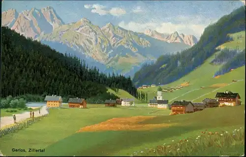 Ansichtskarte Gerlos Künstlerkarte Dorf und Berg Panorama 1923