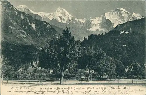 Interlaken Umland-Ansicht Heimwehfluh, Jungfrau, Mönch & Eiger Alpen Berge 1904   AK gelaufen ab Interlaken nach Cöln / Köln