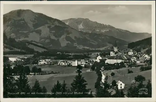 Mariazell Mariazell (862 m) mit Gemeindealpe (1623 m) und Ötscher (1892 m) 1933   AK frankiert mit 2x Österreich 6 Groschen