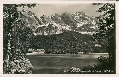 Garmisch-Partenkirchen Eibsee mit Alpen Hotel und Zugspitze, See, Lake 1950