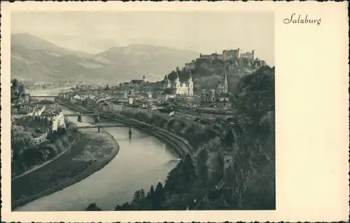 Salzburg Stadtteilansicht Fluss Panorama mit Burg Fernblick 1940