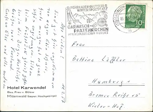 Ansichtskarte Mittenwald Hotel Karwendel 1957