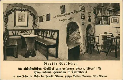 Ansichtskarte Adorf (Vogtland) Goethe Stübchen - Gasthof goldener Löwe 1923