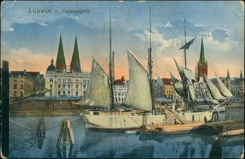Ansichtskarte Lübeck Hafen - Segelschiff 1916