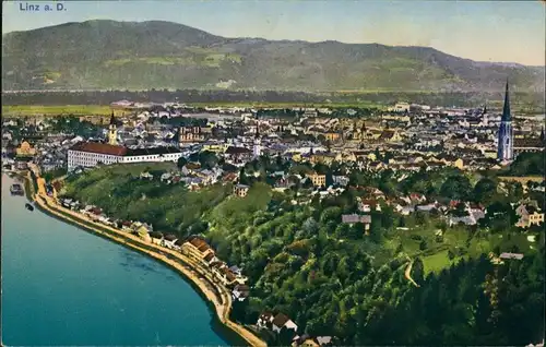 Linz Panorama-Ansicht farbige Gesamtansicht aus d. Vogelschau 1915