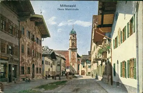 Ansichtskarte Mittenwald Häuser Partie in der Obere Marktstrasse 1920