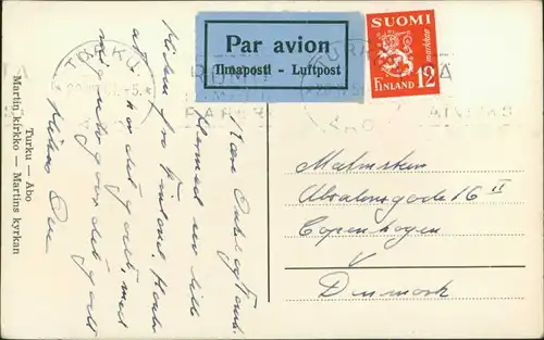Postcard Turku Åbo Kirche (gel, Luftpost) 1951