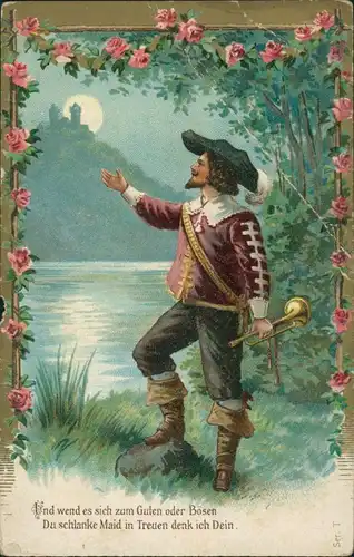 Künstlerkarte Trompeter Gedenken an die "schlanke Maid" 1910 Prägekarte