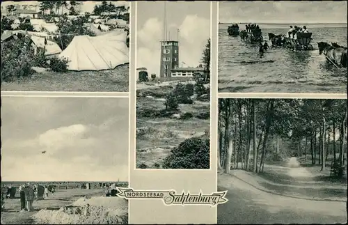 Ansichtskarte Sahlenburg-Cuxhaven MB: Zeltplatz, Strand, Wattfahrt 1962
