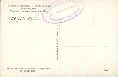 Ansichtskarte Würflach Johannesklamm, Wanderweg 1931