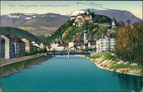 Ansichtskarte Graz Radetzkybrücke, Schloßberg 1913