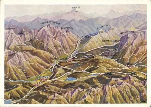 Ansichtskarte Mittenwald Bergpanorama-Beschriftung 1955