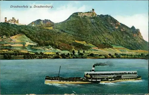 Bad Godesberg-Bonn Rhein Schiff Dampfer passiert Drachenburg, Drachenfels 1910
