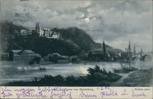 Heidelberg Künstlerkarte Mondschein Postkarte Künstler Verhas pinx. 1905/1904