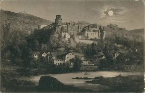 Heidelberg Mondschein Künstlerkarte Heidelberger Schloss v.d. Hirschgasse 1914