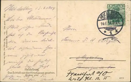 Heidelberg Mondschein Künstlerkarte Heidelberger Schloss v.d. Hirschgasse 1914