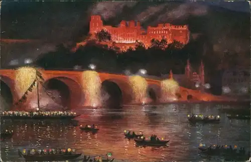 Heidelberg Gemälde F. Huth Neckar Schloss Brücke bei Nacht-Beleuchtung 1911