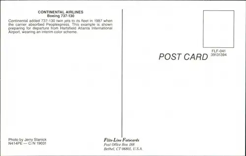 Postcard Atlanta Flugzeug CONTINENTAL AIRLINES Boeing 737-130 1990