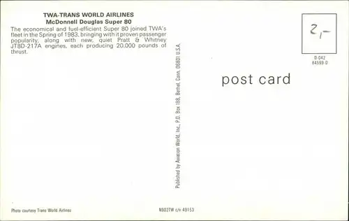 Flugzeug TWA-TRANS WORLD AIRLINES McDonnell Douglas Super 80 1990