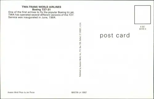 Ansichtskarte  Flugzeug TWA-TRANS WORLD AIRLINES Boeing 727-31 1990