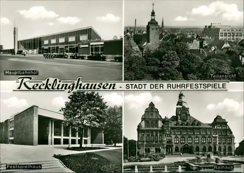 Ansichtskarte Recklinghausen 4 Bild: Rathaus, Festspielhaus, Hauptbahnhof 1971