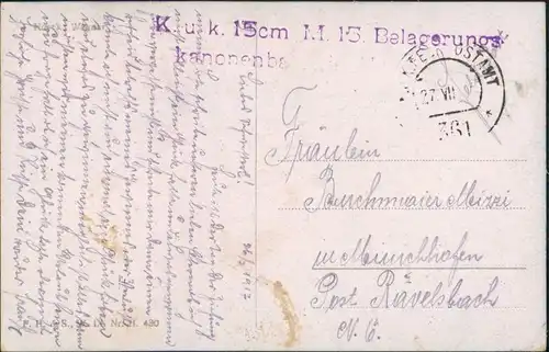 Künstlerkarte: Stempel KuK 15 cm M15 Belagerungskanonenbat. 1915