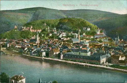 Heidelberg Panorama-Ansicht v. Philosopenweg auf Stadt, Neckar, color Ansicht 1908