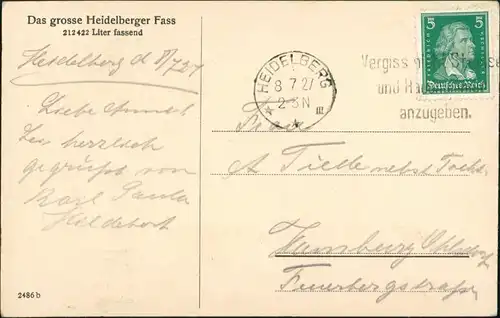 Heidelberg Das große Heidelberger Fass, Fass-Vermögen 212.422 Liter 1927