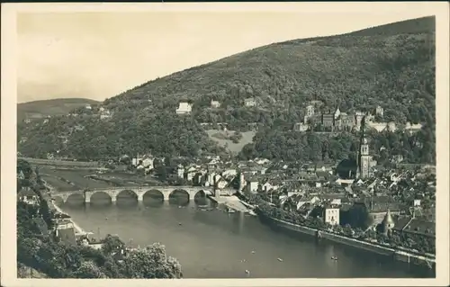 Heidelberg Panorama-Ansicht, Fluss Neckar, Brücke und Stadt 1926