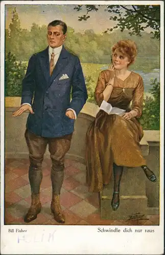 Künstlerkarte Mann und Frau schwindle dich nur aus Bill Fisher 1913