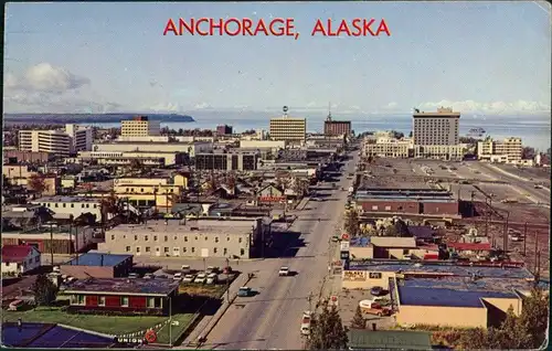 Anchorage Luftbildaufnahme Downtown Strassen, Gebäude, Autos 1970