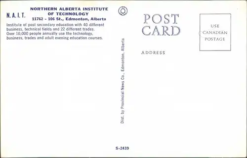 Postcard Edmonton NORTHERN ALBERTA INSTITUTE OF TECHNOLOGY 1970