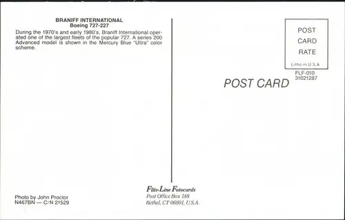 Ansichtskarte  Flugzeug BRANIFF INTERNATIONAL Boeing 727-227 1990